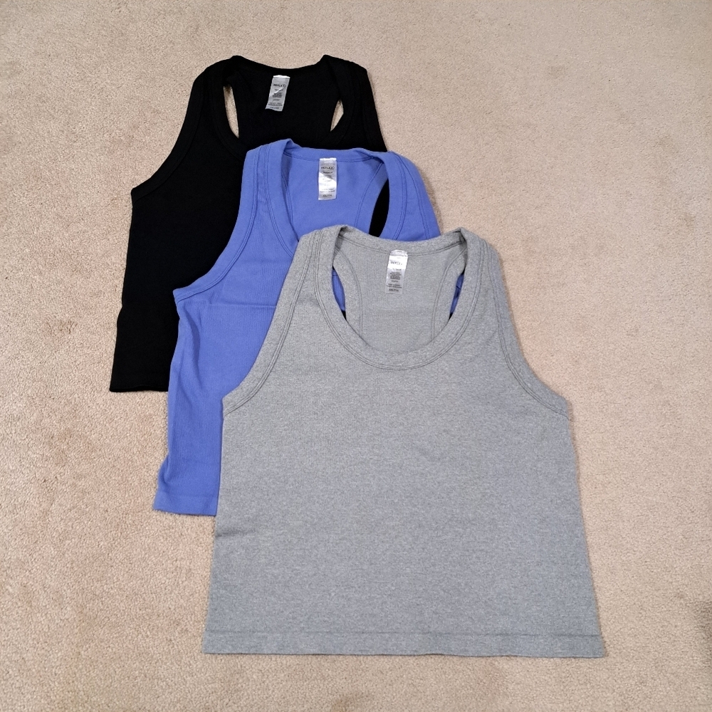 Reflex Set Of 3 Tanks Racer Back Ribbed Seamless Black Blue Grey Size XXL